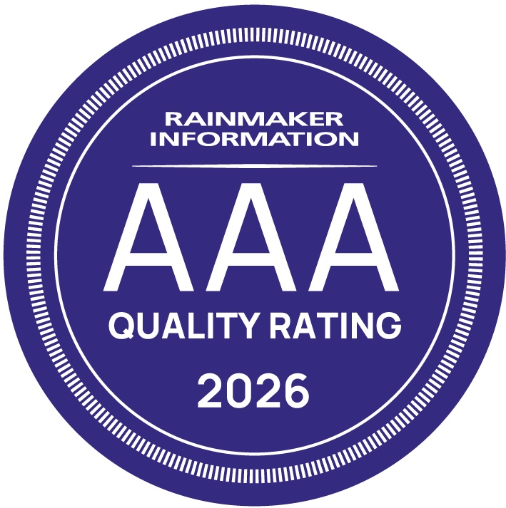 Blue circular badge with "Rainmaker Information" at top, "AAA Quality Rating" in center, and "2026" at bottom.